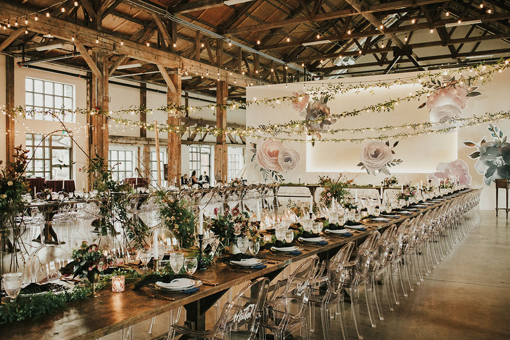 Beautiful wedding display with flowers and lights.